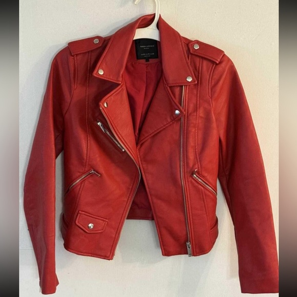 Zara Jackets & Blazers - Zara Red Leather Motorcycle Jacket with Asymmetrical Design